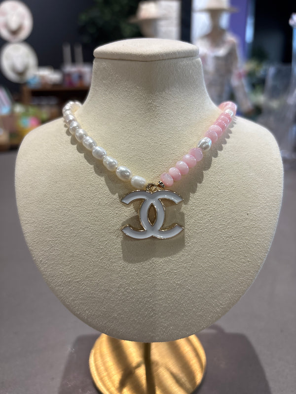 Chanel up cycled pearl and pink bead candy necklace with white CC