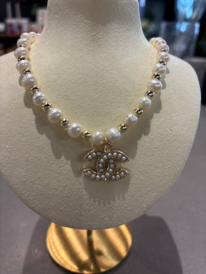 Chanel upcycled stretch  pearl with pearl cc gold hardware