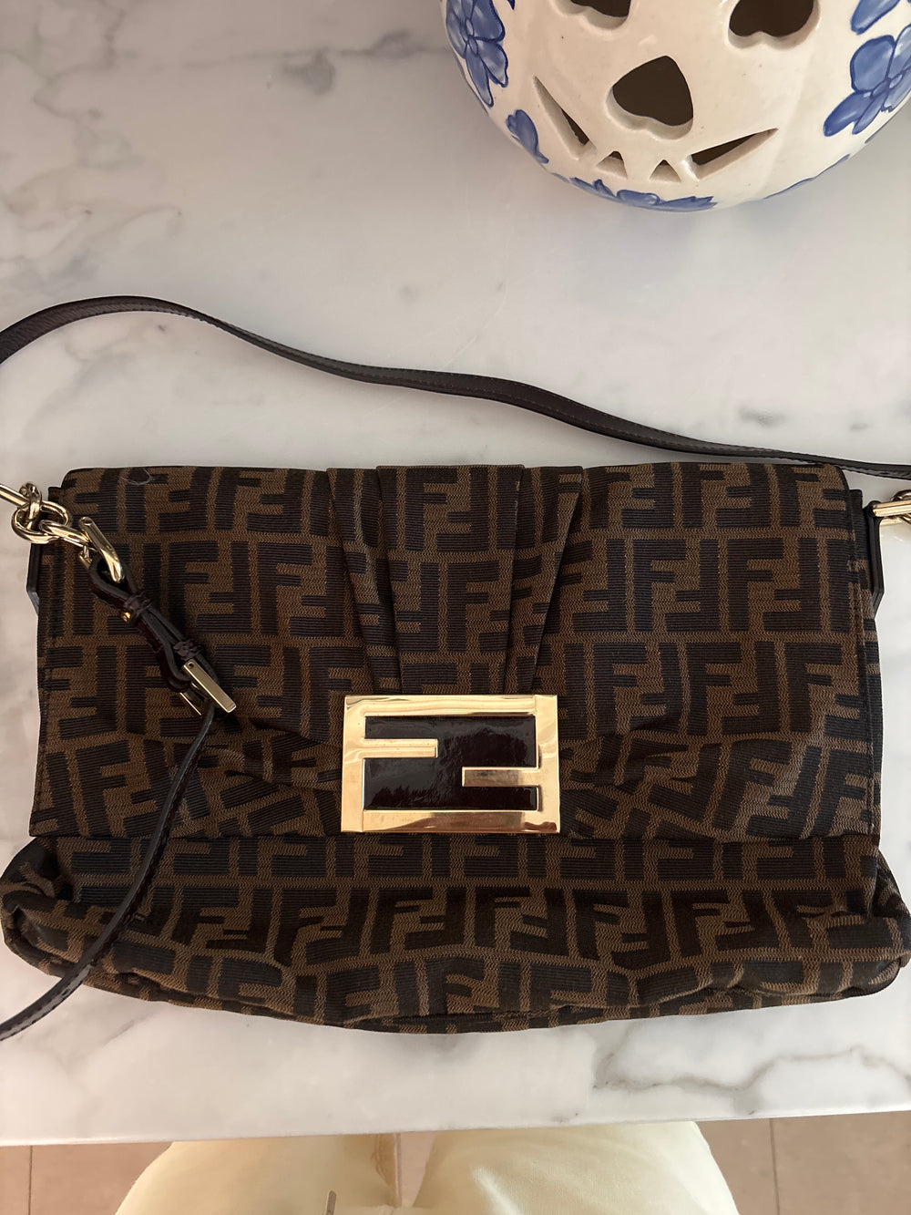 Fendi Zucca Canvas Mia Shoulder Bag – Tobacco Monogram with Flat Patent Leather Strap