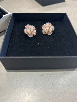 Chanel palladium rose, quartz Camelia flower earrings