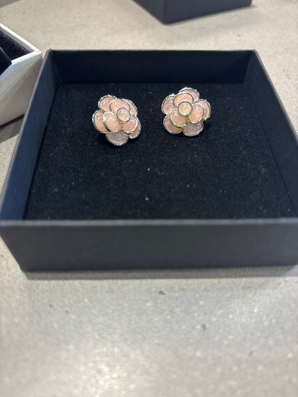 Chanel palladium rose, quartz Camelia flower earrings