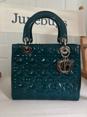 Christian Dior Lady Dior Medium Bag in Turquoise Patent Leather with Silver Hardware