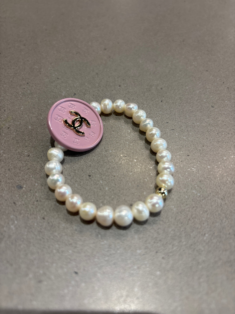 Chanel Upcycled Pearl Bracelet with Pink watch Button
