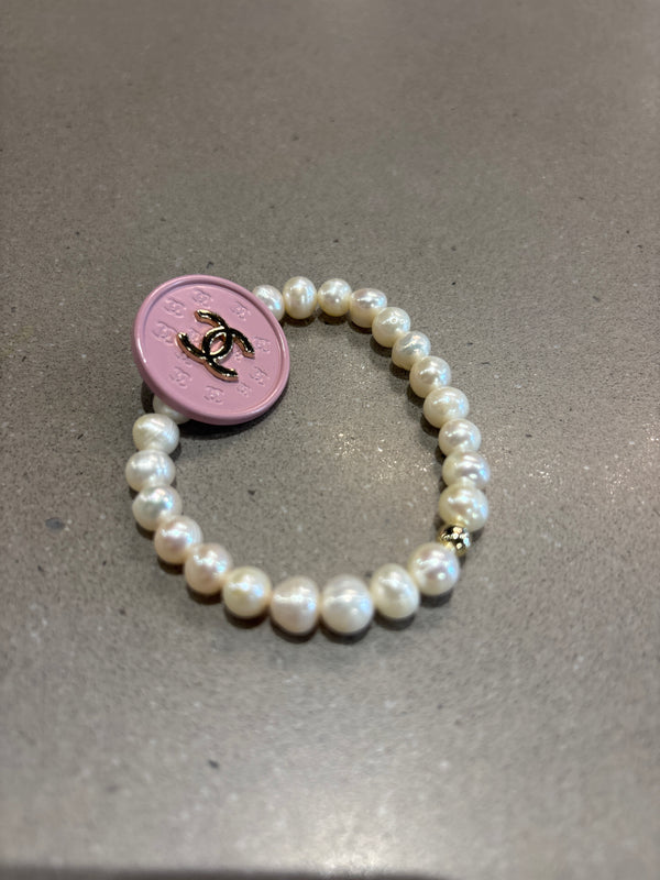 Chanel Upcycled Pearl Bracelet with Pink watch Button
