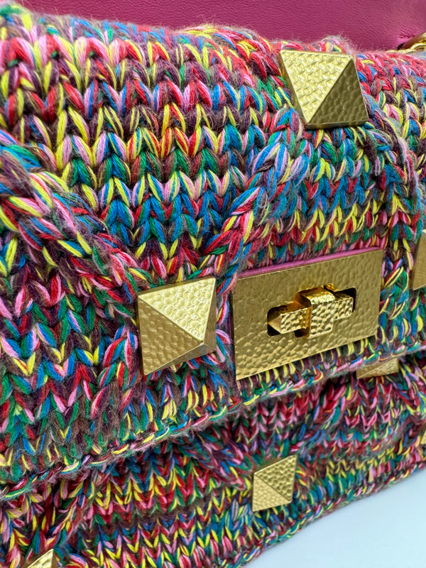 Valentino Wool Knit Multicolour Romanstud chain bag GHW
