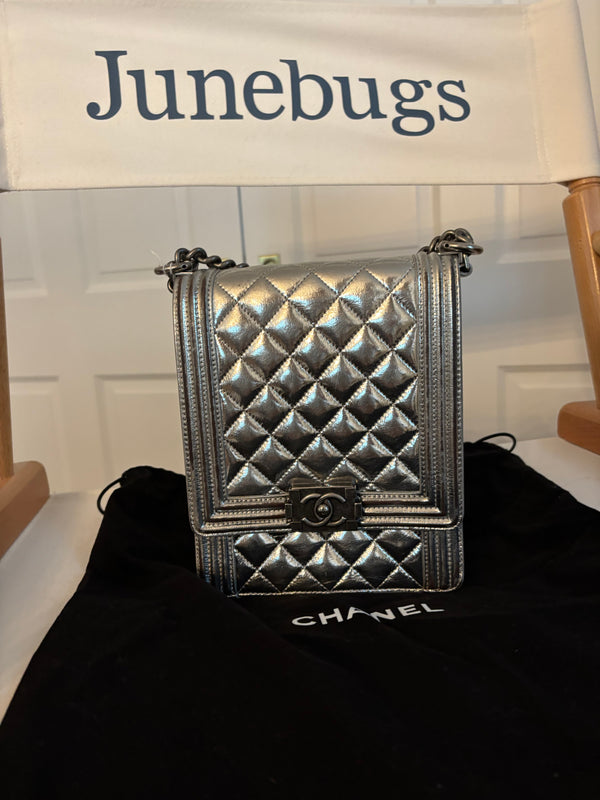 Chanel Boy Bag North-South Flap – Silver Metallic Quilted Leather with Ruthenium Hardware