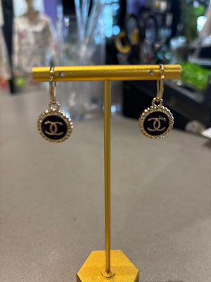 Up cycled Chanel cc small round black hoop earrings