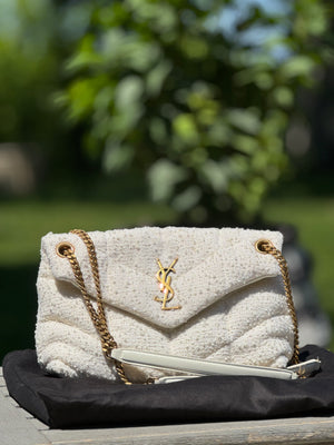 YSL Boucle Tweed Quilted Loulou Puffer Monogram Chain Satchel Crema Soft 2020