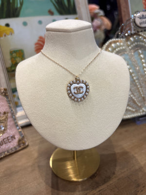 Up cycled Chanel pearl white heart with gold CC