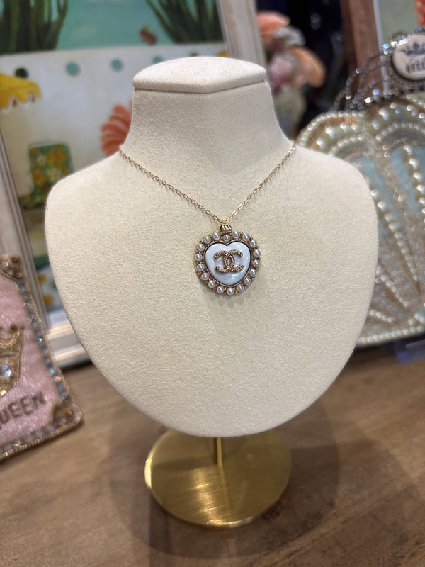 Up cycled Chanel pearl white heart with gold CC