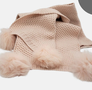 Portolano Cashmere Soft Pink Scarf with Fox Pom Poms.
