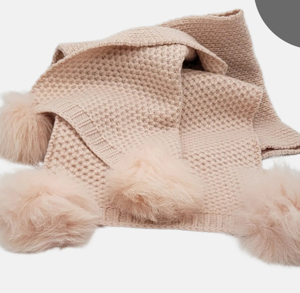 Portolano Cashmere Soft Pink Scarf with Fox Pom Poms.