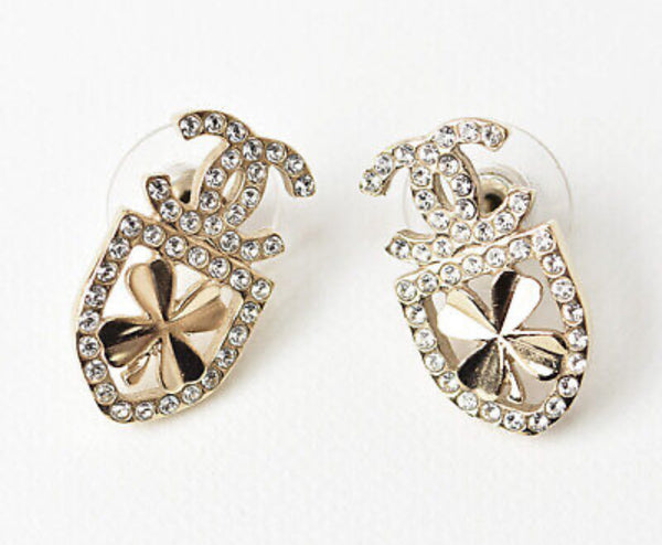 Chanel CC Rhinestone Clover Motif Coco Stud Earrings