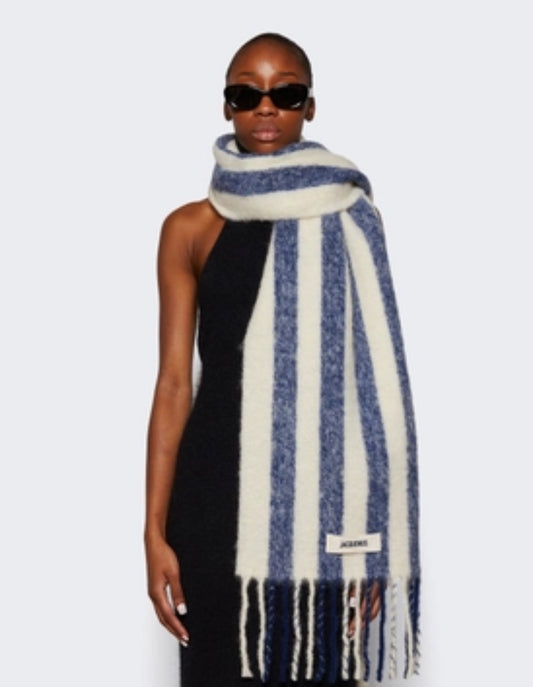 Jacuemus The Carro Navy/White Stripe Scarf mohair & alpaca