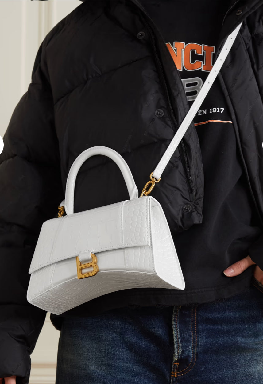 Balenciaga XSmall Hourglass Top Handle Bag – White Croc Embossed
