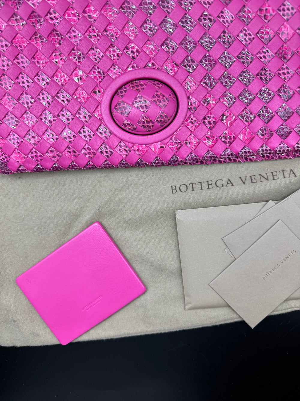 Bottega Venetta Pink Python Interwoven Turnlock Clutch