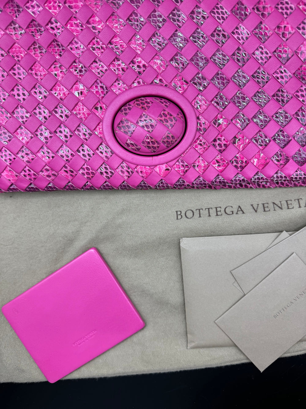 Bottega Venetta Pink Python Interwoven Turnlock Clutch