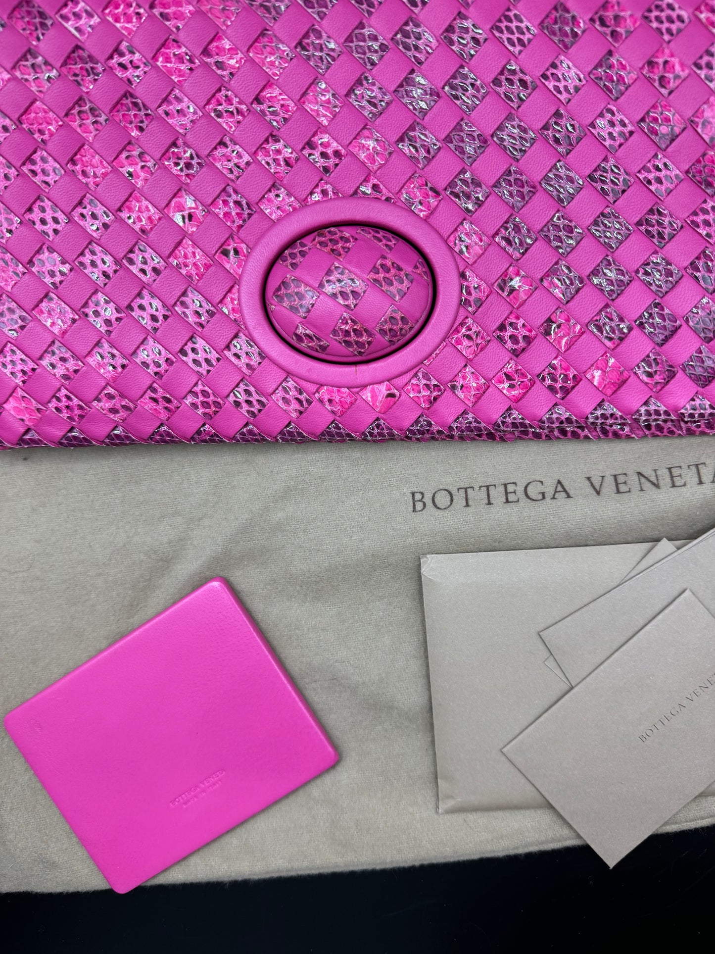 Bottega Venetta Pink Python Interwoven Turnlock Clutch