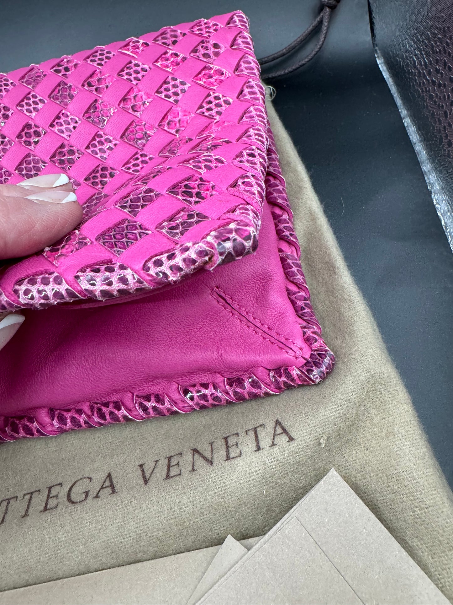 Bottega Venetta Pink Python Interwoven Turnlock Clutch