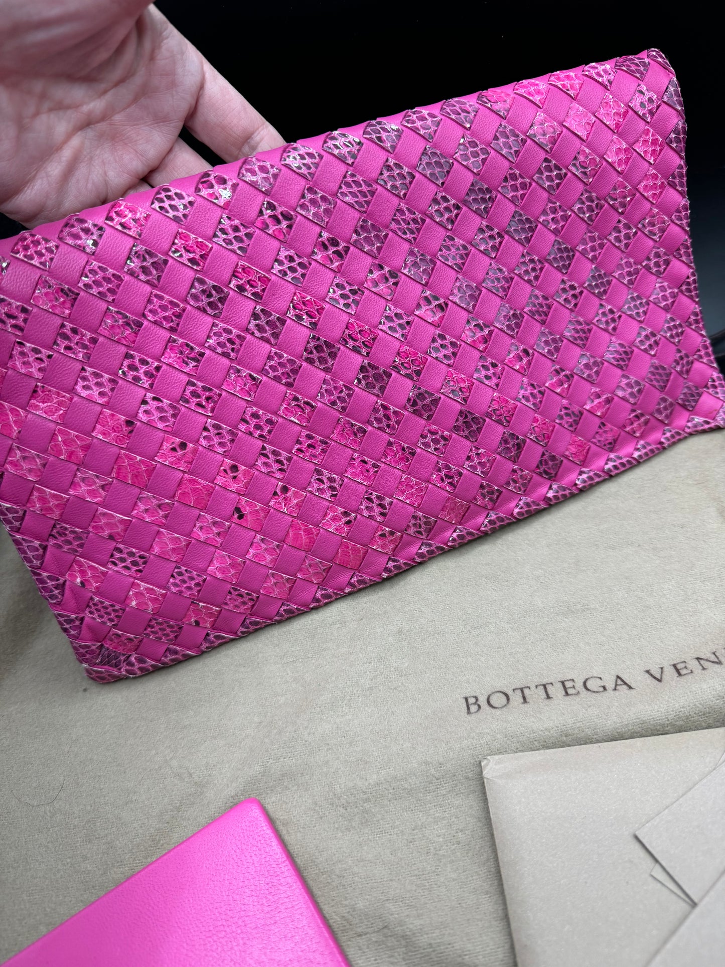 Bottega Venetta Pink Python Interwoven Turnlock Clutch