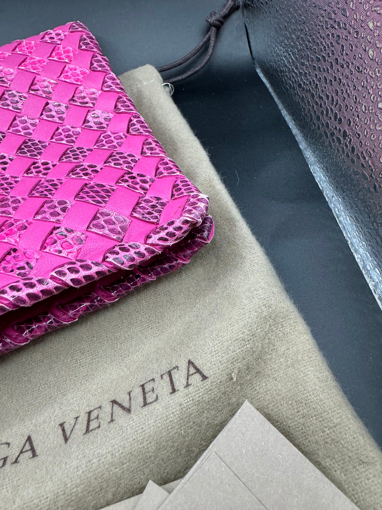 Bottega Venetta Pink Python Interwoven Turnlock Clutch