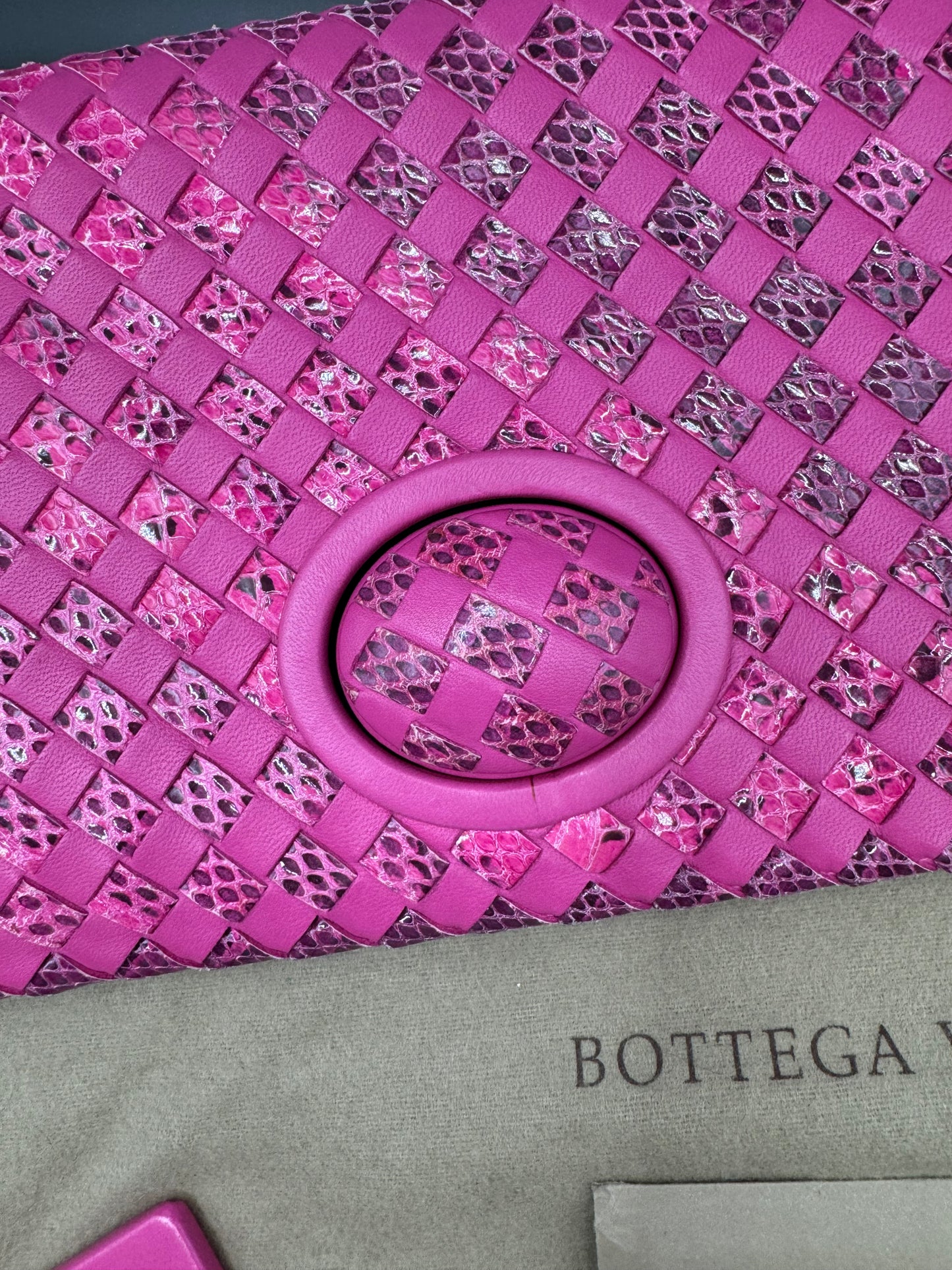 Bottega Venetta Pink Python Interwoven Turnlock Clutch