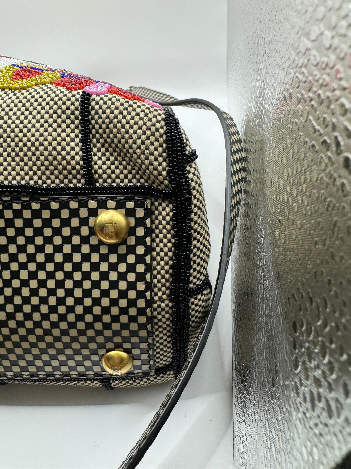 Fendi EXCLUSIVE Beige, and black. Hannah beaded with floral peekaboo top handle with Crossbody strap.