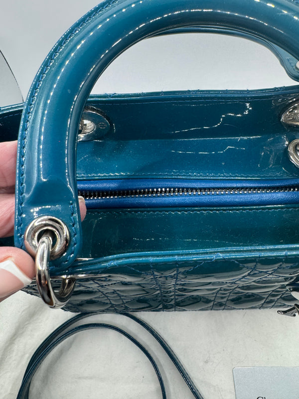 Dior Lady Dior 2012 Blue Sapphire Patent SHW medium Top handle with strap
