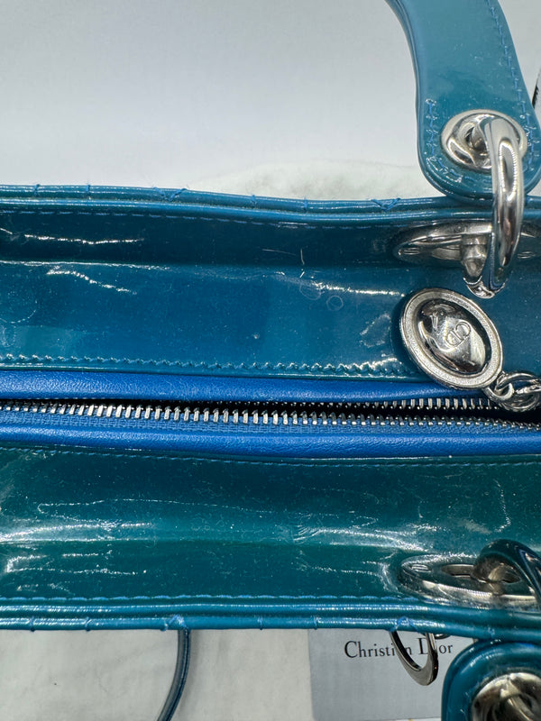 Dior Lady Dior 2012 Blue Sapphire Patent SHW medium Top handle with strap