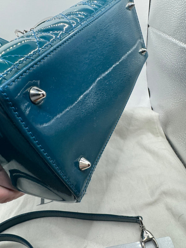 Dior Lady Dior 2012 Blue Sapphire Patent SHW medium Top handle with strap