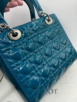Dior Lady Dior 2012 Blue Sapphire Patent SHW medium Top handle with strap