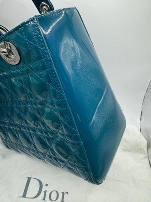 Dior Lady Dior 2012 Blue Sapphire Patent SHW medium Top handle with strap