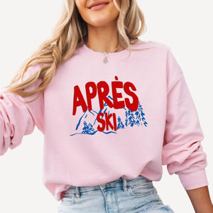 Apres Ski Puff Sweatshirt, Winter Crewneck - Medium sized - light blue, light pink, ash grey