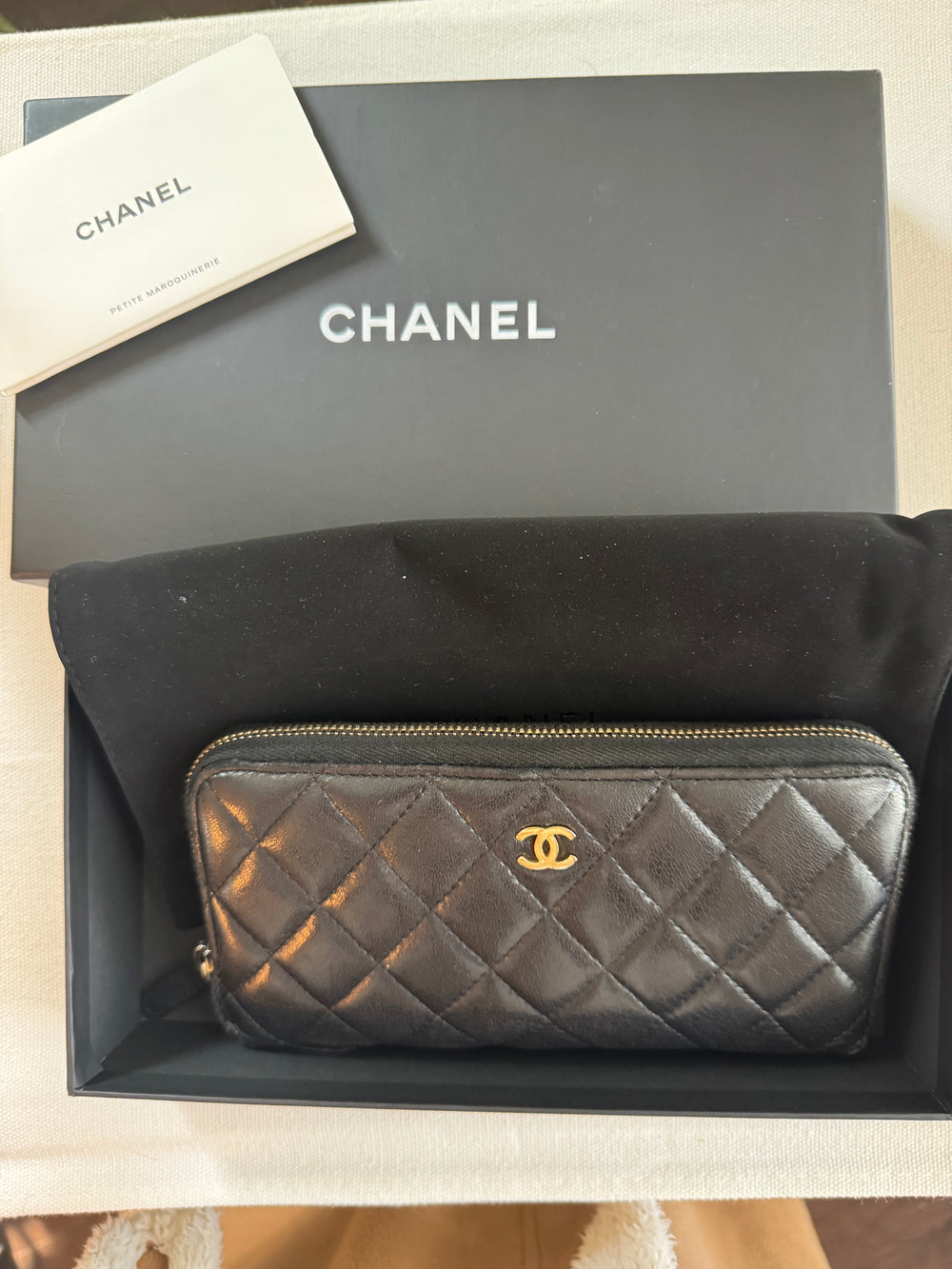 CHANEL Long Wallet Lambskin Gradient Round Zipper Leather Black Gold Hardware CC