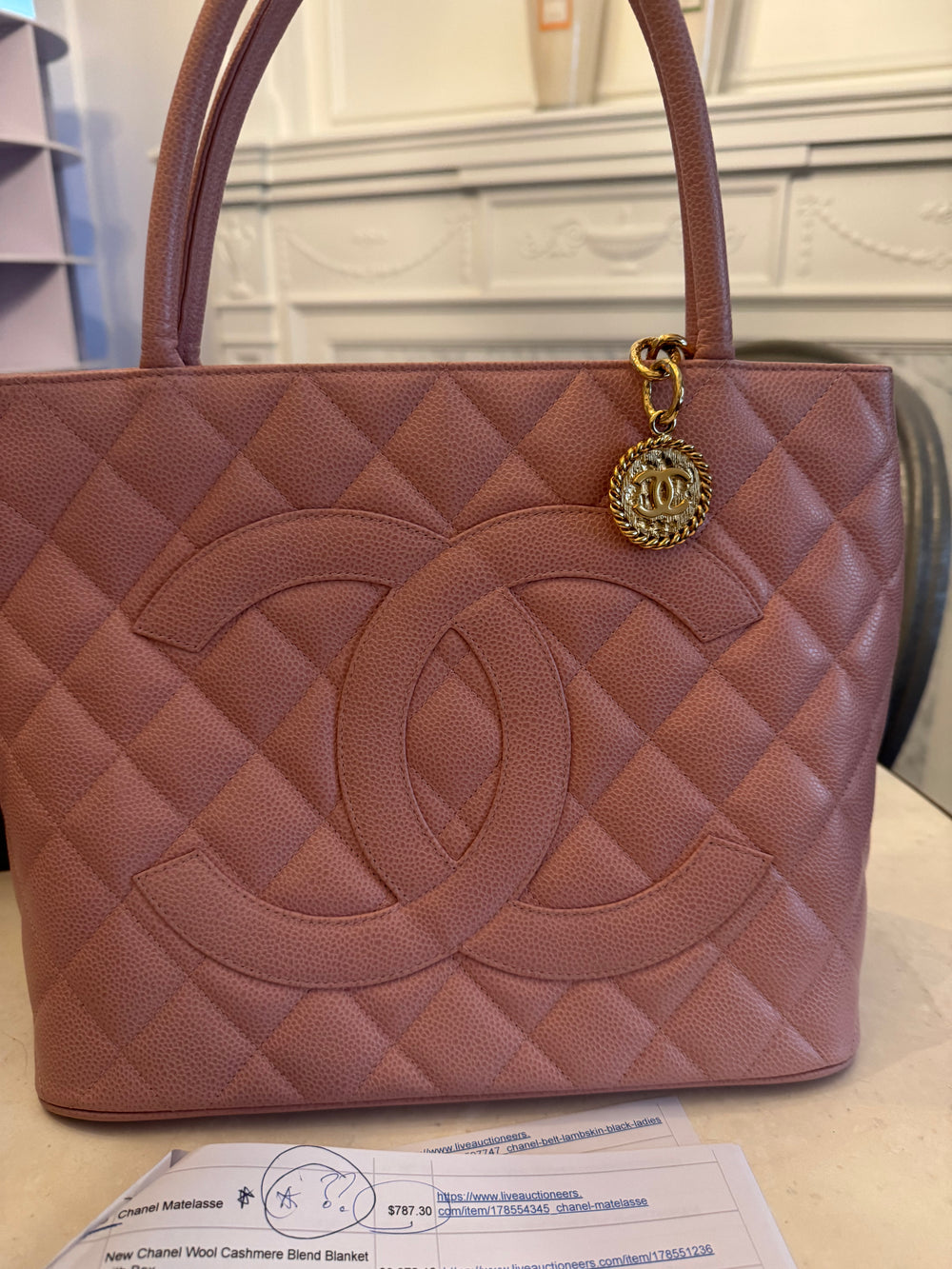 CHANEL BY KARL LAGERFELD PALE PINK CAVIAR LEATHER 2003 MEDALLION TOTE LOGO PURSE