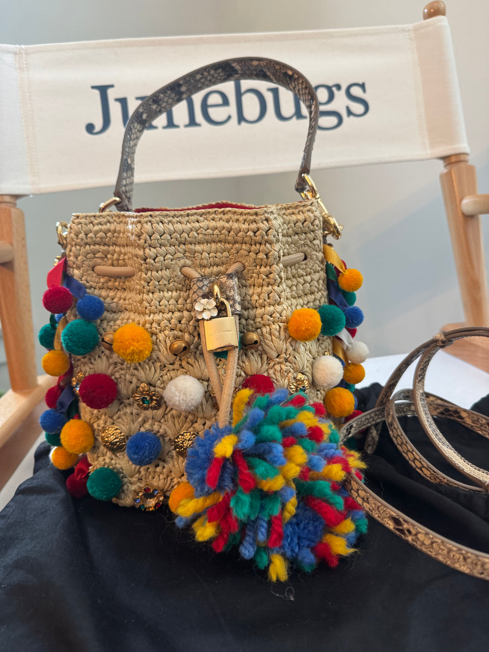 Dolce & Gabbana New Raffia Pompoms Python Bag