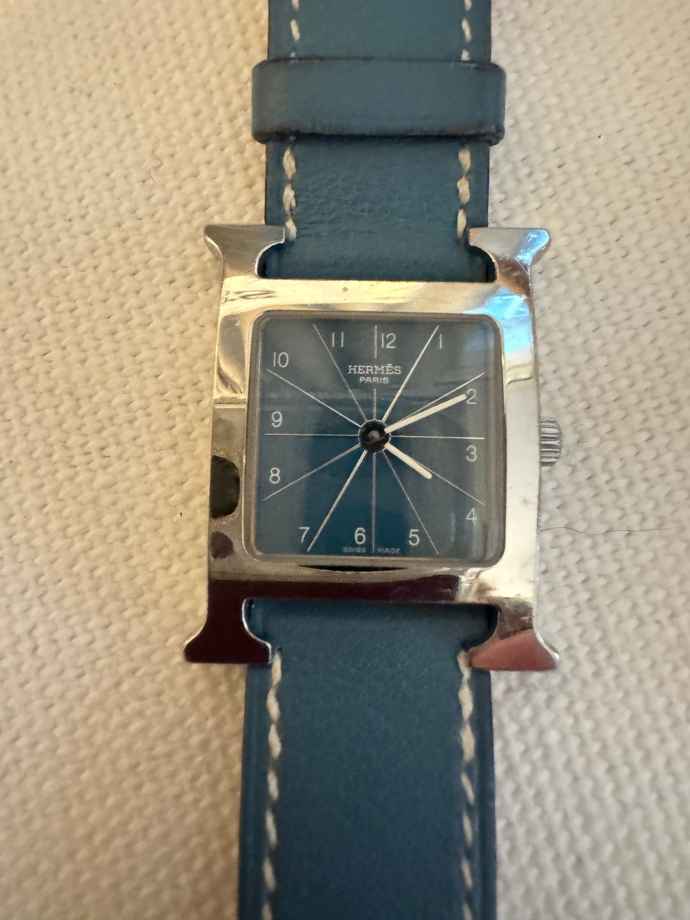 Hermes’ H quartz watch in blue Jean leather
