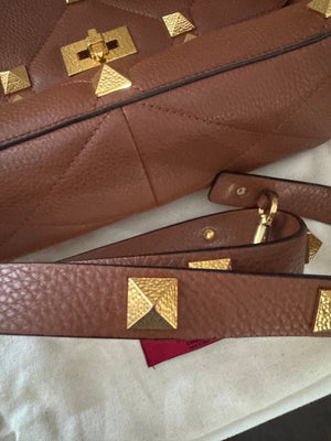 Valentino Rockstud Caramel Large with gold hammered hardware.