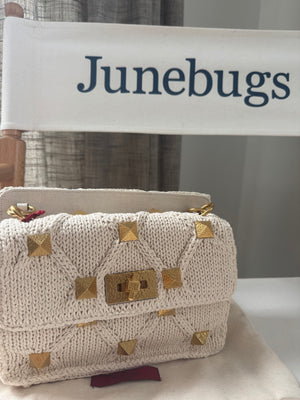 Valentino Off White Knitted Fabric Roman Stud Top Handle Bag