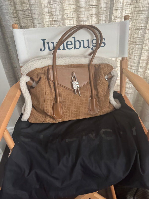 Shearling Suede Medium Soft Lock Antigona Shoulder Bag Tan