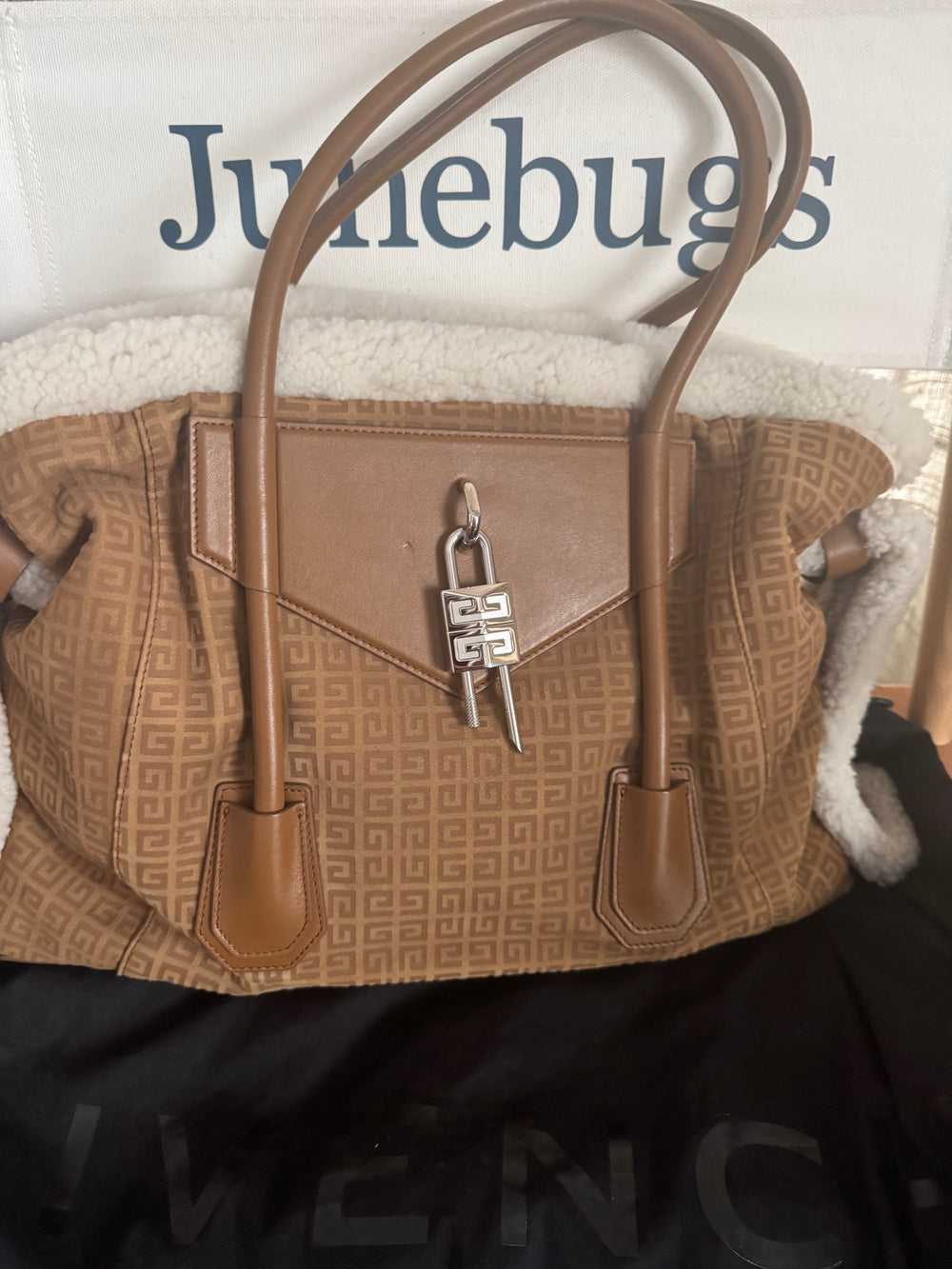Shearling Suede Medium Soft Lock Antigona Shoulder Bag Tan