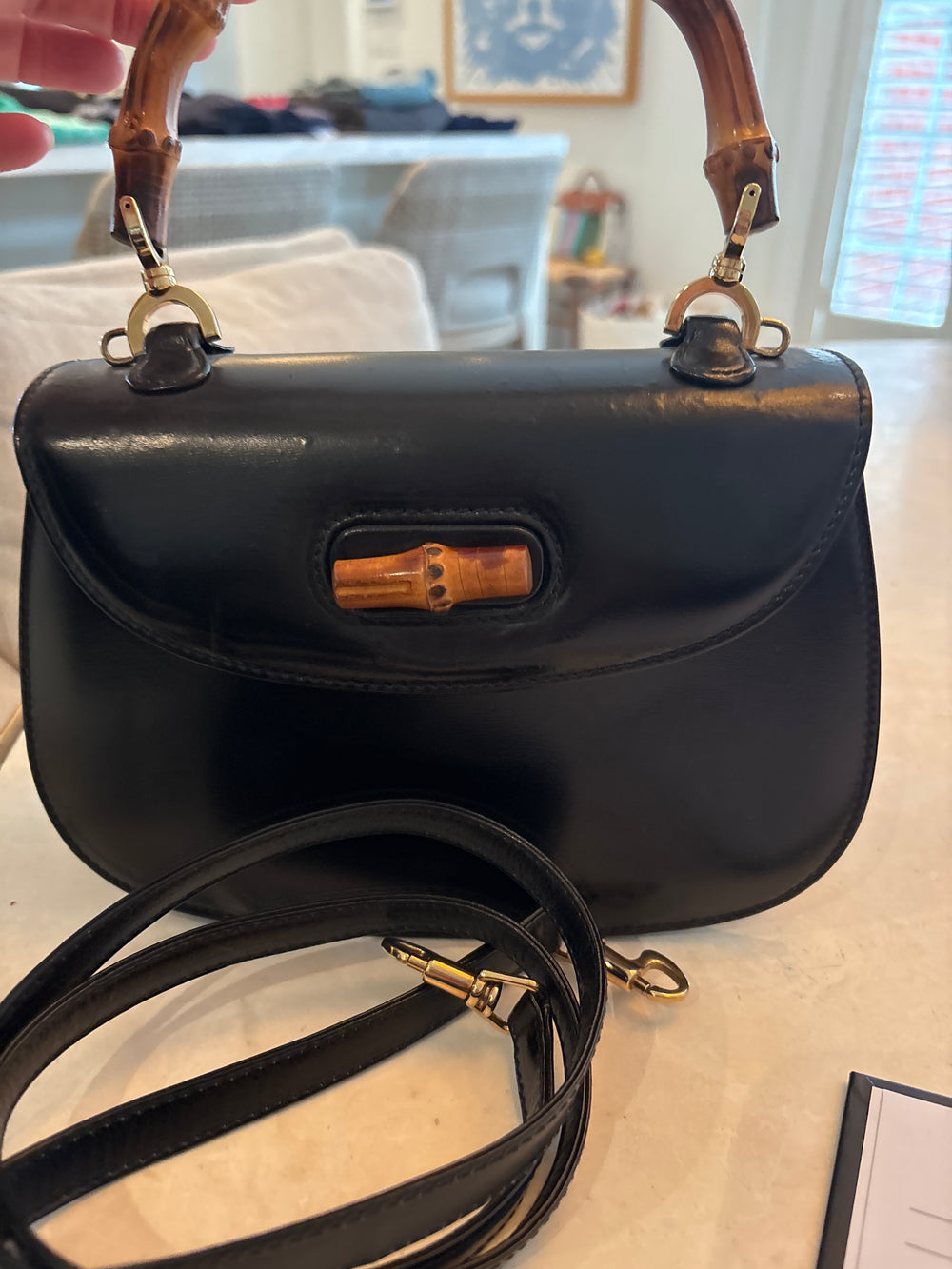 Gucci Boxcalf Vintage Bamboo Handle & Turnlock top handle with strap