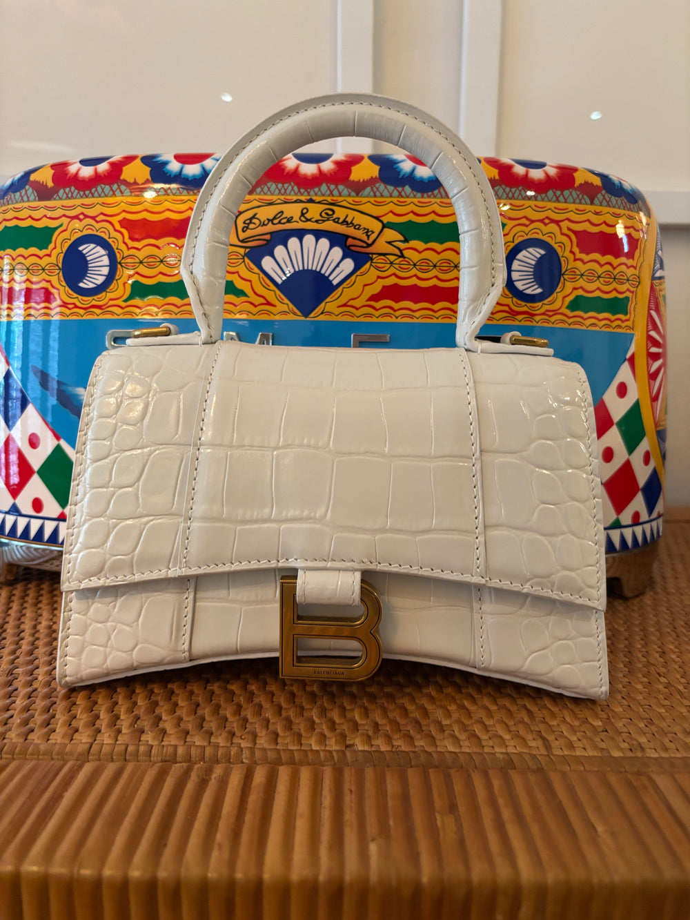 Balenciaga XSmall Hourglass Top Handle Bag – White Croc Embossed