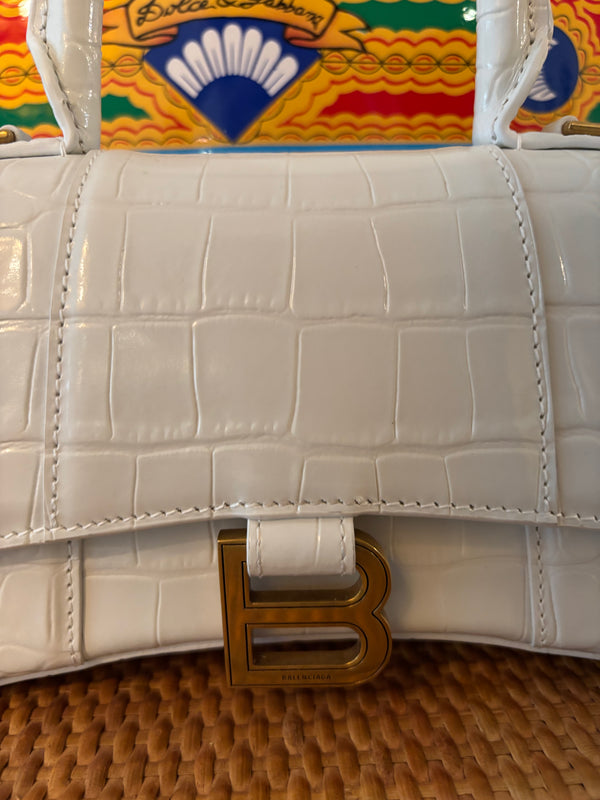 Balenciaga XSmall Hourglass Top Handle Bag – White Croc Embossed