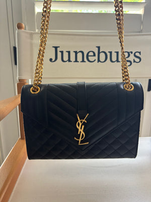 Saint Laurent Medium Envelope Chain Bag in black quilted leather with gold hardware