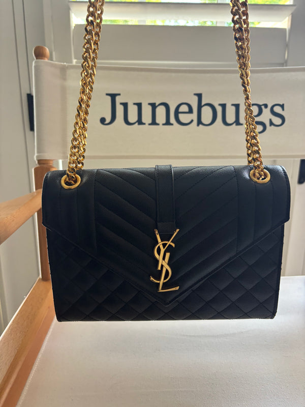 Saint Laurent Medium Envelope Chain Bag in black quilted leather with gold hardware
