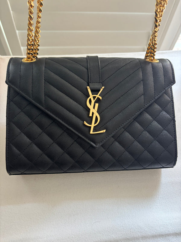 Saint Laurent Medium Envelope Chain Bag in black quilted leather with gold hardware