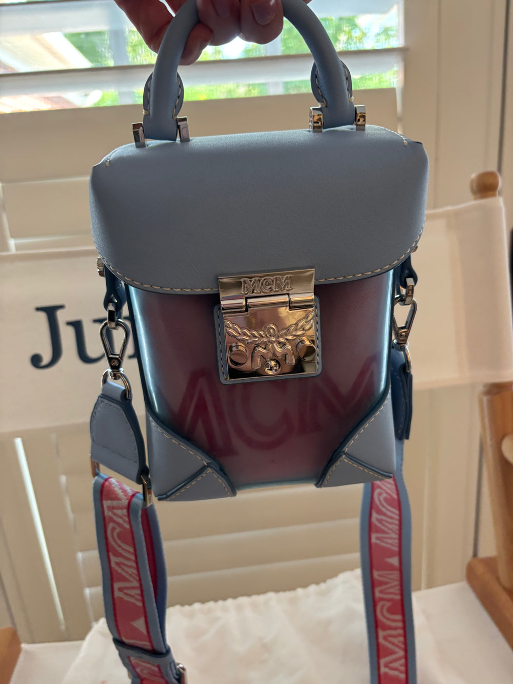 MCM Transparent Mini Berlin Crossbody in Hologram Blue Bell: