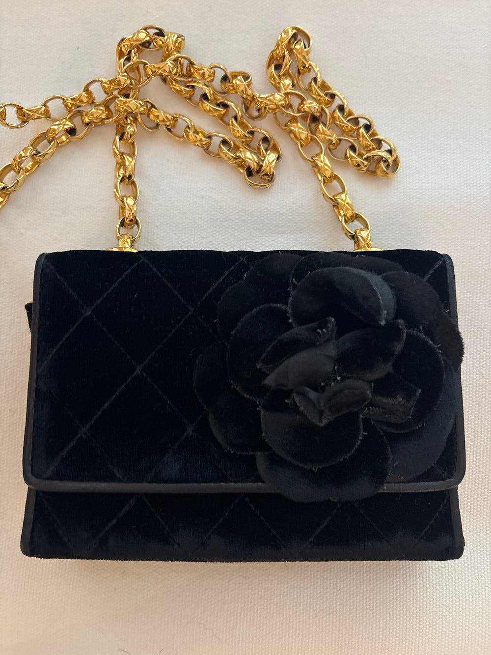 Chanel Black Velvet Camellia Vintage Crossbody Bag with Gold Hardware (GHW)