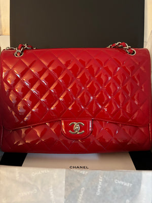 Chanel Maxi Classic Single Flap – Red Patent Leather with Silver Hardware